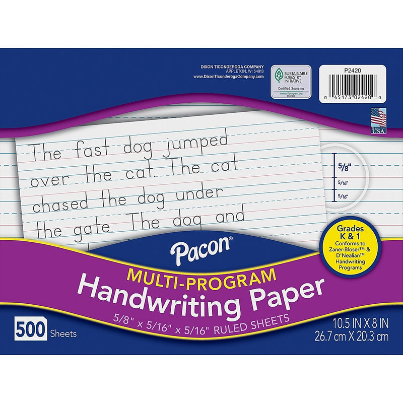 Pacon D'Nealian/Zaner-Bloser Multi-Program Handwriting Practice Paper, 8" x 10.5", 35 lbs., White, 500 Sheets/Pack (2420)