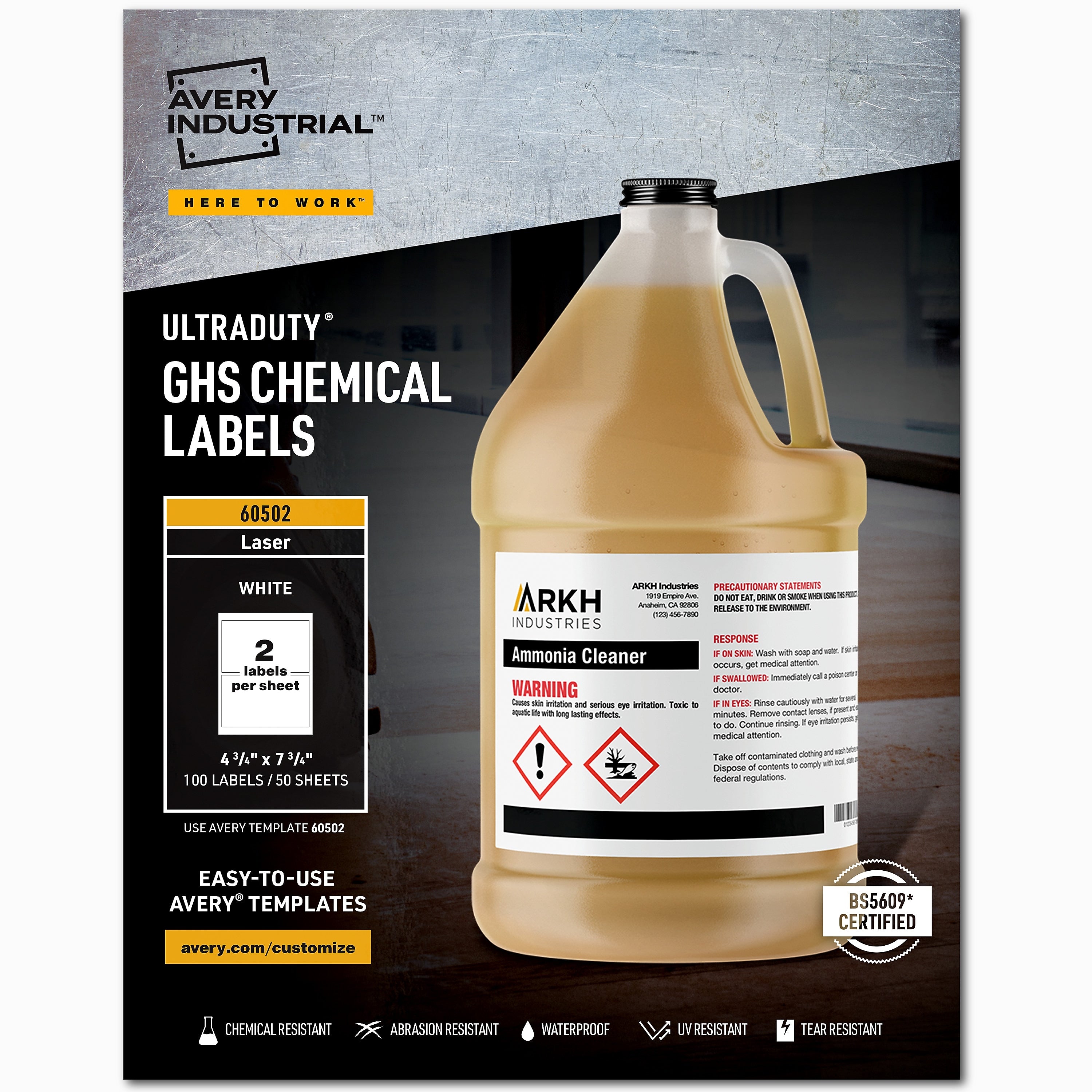 Avery UltraDuty Waterproof Laser GHS Chemical Labels 4-3/4" x 7-3/4", White, 100 Labels/Box (60502)