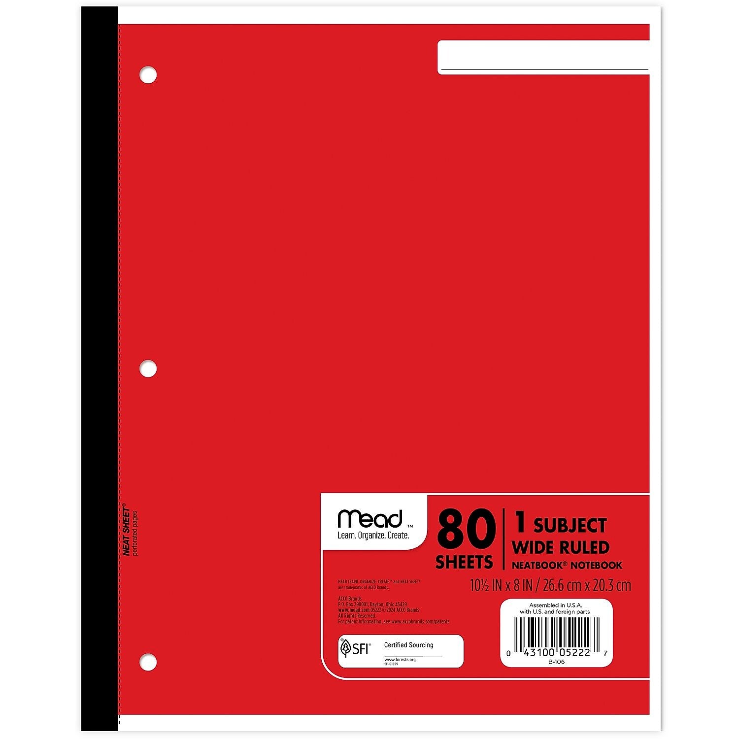 Mead Wireless Neatbook 1-Subject Notebooks, 8" x 10.5", Wide Ruled, 80 Sheets (05222)