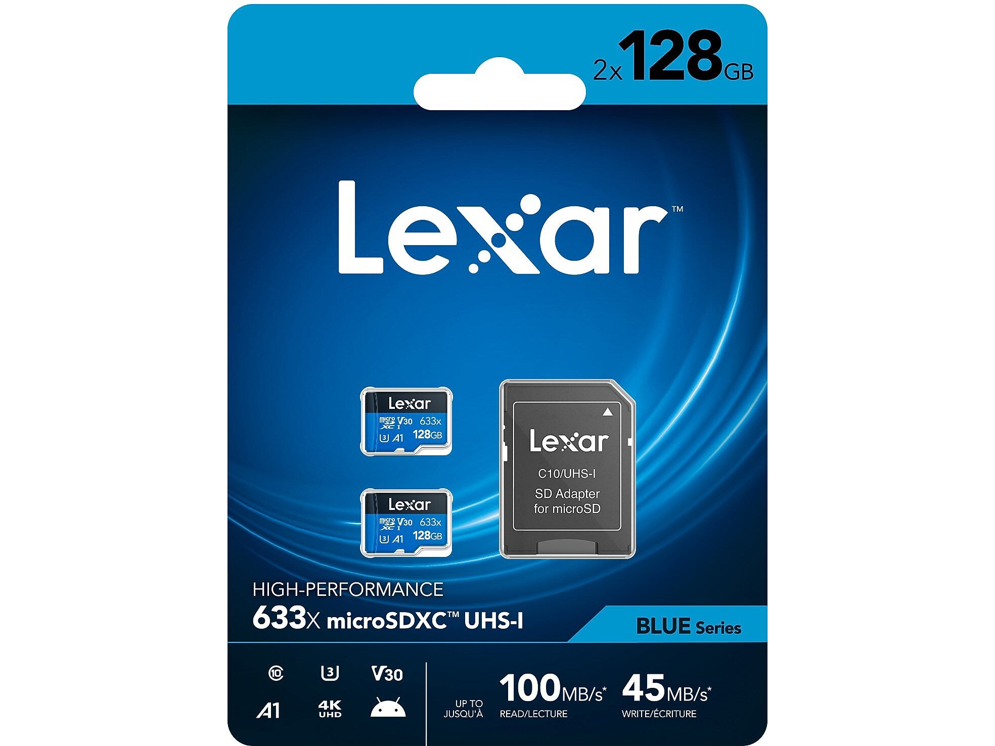 Lexar High-Performance 633x BLUE Series 128GB microSDXC Memory Card with Adapter, Class 10, UHS-I, V30, 2/Pack