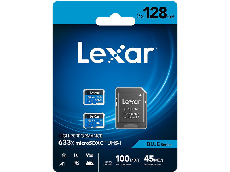 Lexar High-Performance 633x BLUE Series 128GB microSDXC Memory Card with Adapter, Class 10, UHS-I, V30, 2/Pack