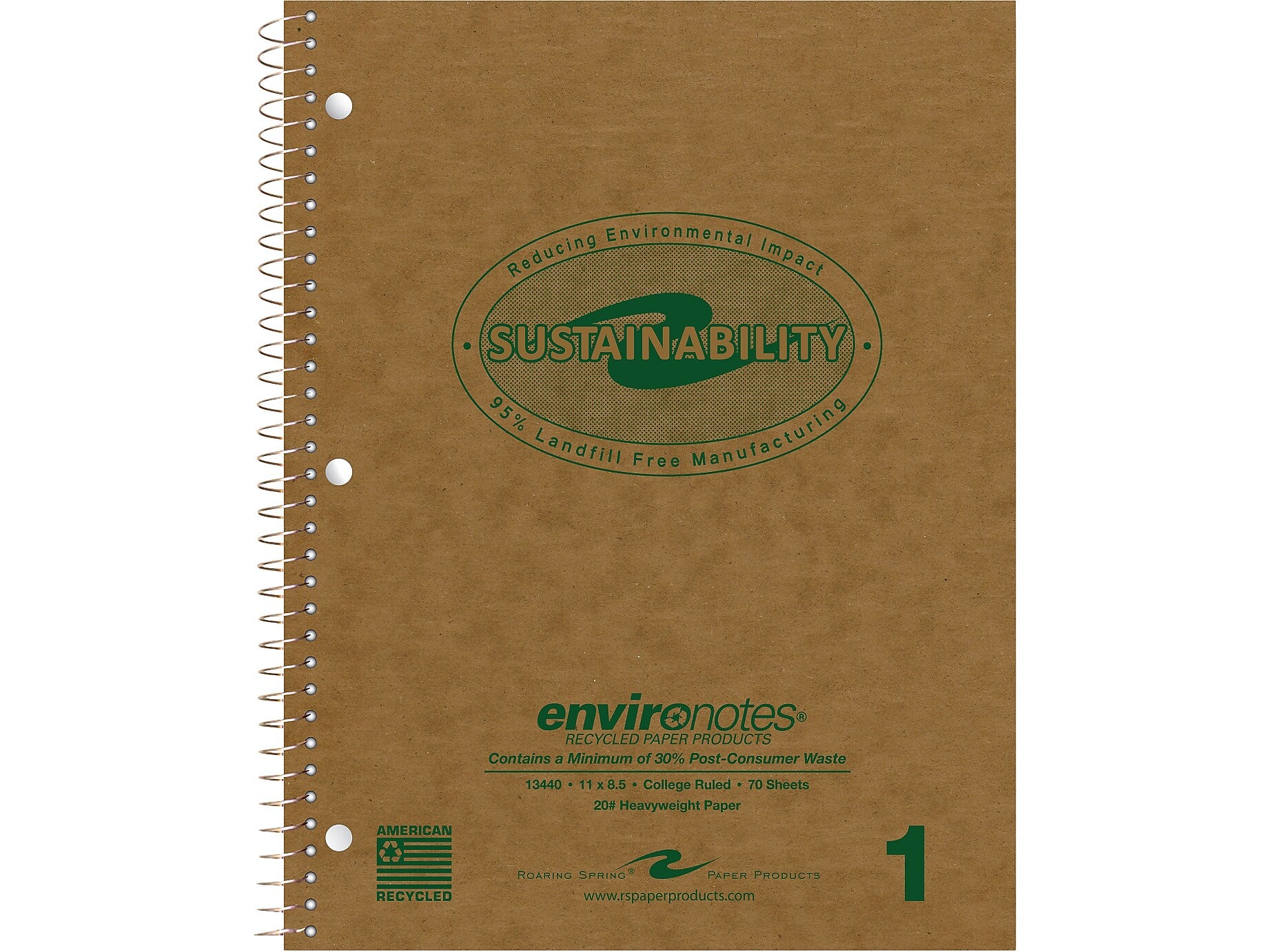 Roaring Spring Paper Products Environotes 1-Subject Notebooks, 8.5" x 11", College Ruled, 70 Sheets, Brown, 24/Pack (13440CS)