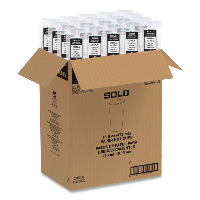 SOLO Compostable Paper Hot Cups, ProPlanet Seal, 16 oz, White/Green, 1,000/Carton