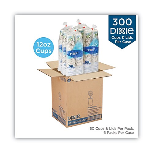Dixie PerfecTouch Paper Hot Cups and Lids Combo, 12 oz, Multicolor, 50/Pack, 6/Packs/Carton (DXE5342COMBO6CT)