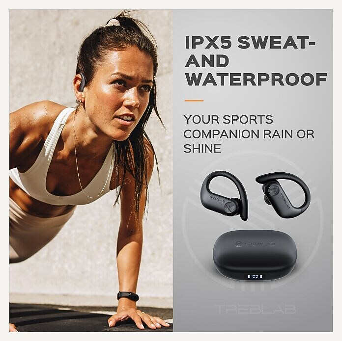 Treblab X3-Pro Bluetooth Wireless Earbuds with Earhooks, Charging Case (X3-PRO-W)