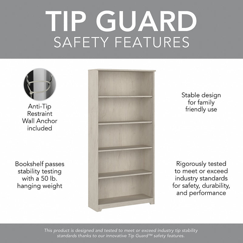 Bush Furniture Cabot 66"H 5-Shelf Bookcase with Adjustable Shelves, Linen White Oak (WC31166)