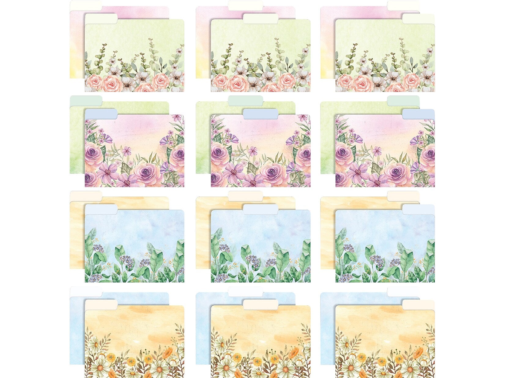 Global Printed Products Deluxe Designer Watercolor Floral Heavy-Duty File Folders, 1/3-Cut Tab, Assorted Colors, 24/Pack