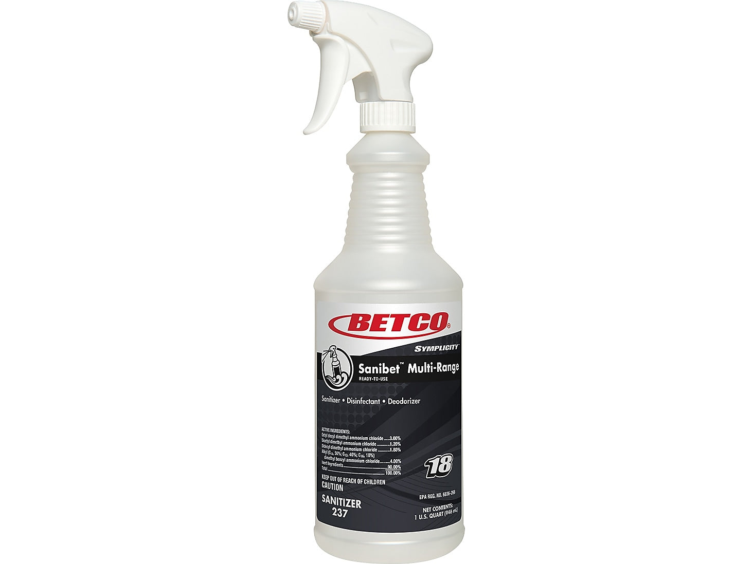 Betco Symplicity Sanibet 32 oz. Spray Bottle with Trigger, White/Black, 12/Carton (2373200)