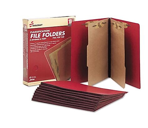 AbilityOne SKILCRAFT Pressboard Top Tab Classification Folder, 2 Dividers, 6 Fasteners, Letter Size, Dark Red, 10/Box