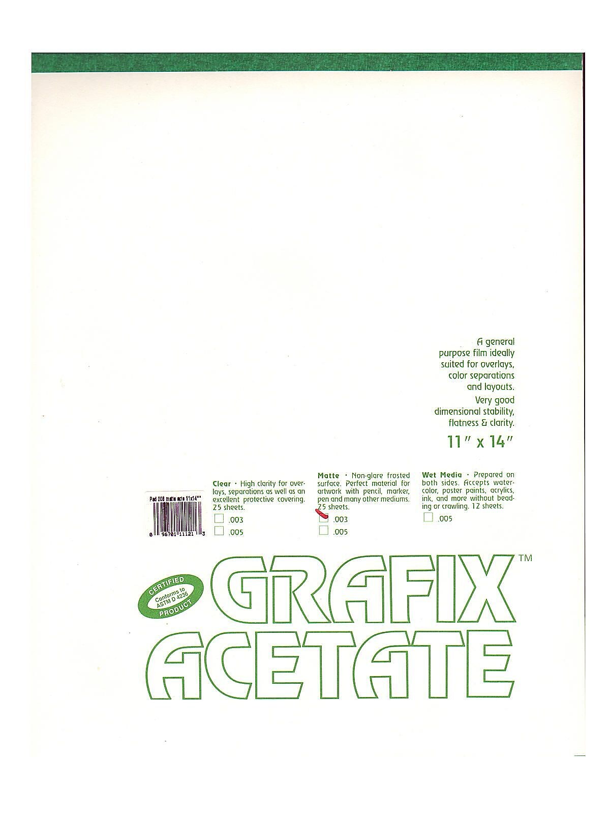 Grafix Matte Acetate Film Pads 0.003 11 in. x 14 in. pad of 25