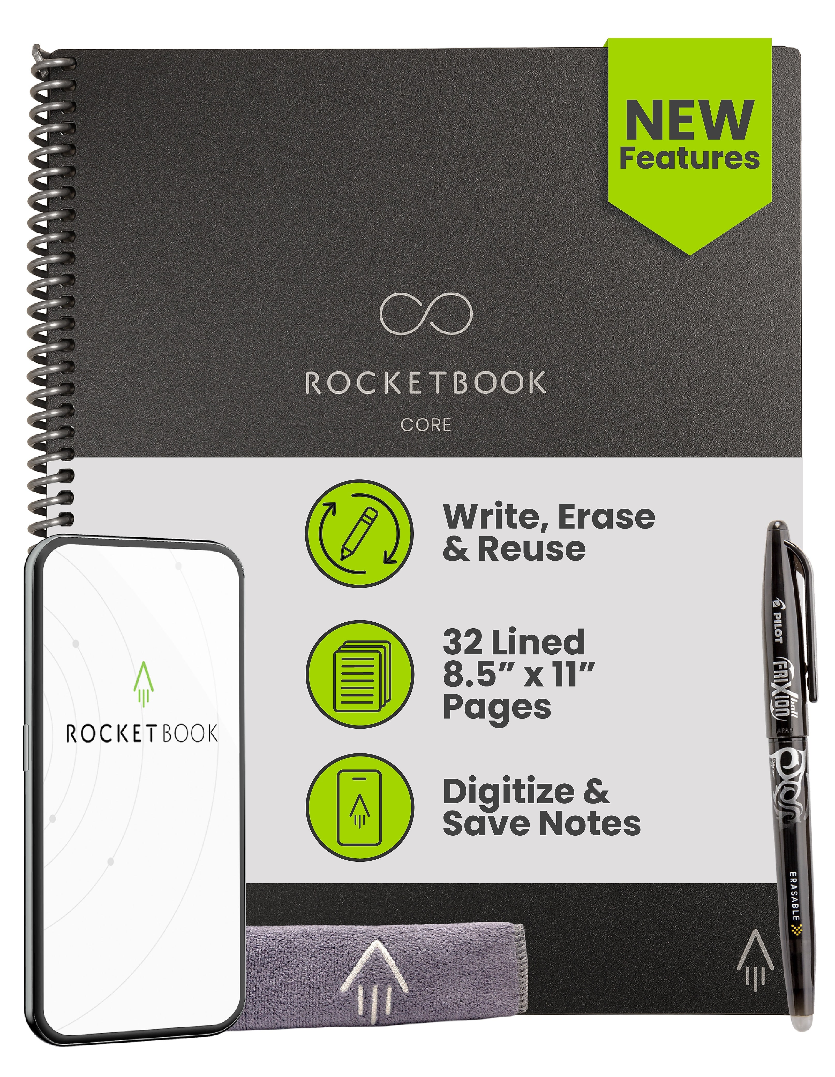 Rocketbook Core Reusable Smart Notebook, 8.5" x 11", Lined Ruled, 32 Sheets, Black (EVR2-L-RC-A)