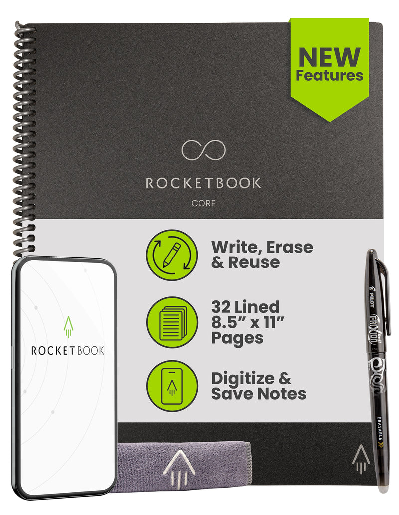 Rocketbook Core Reusable Smart Notebook, 8.5" x 11", Lined Ruled, 32 Sheets, Black (EVR2-L-RC-A)