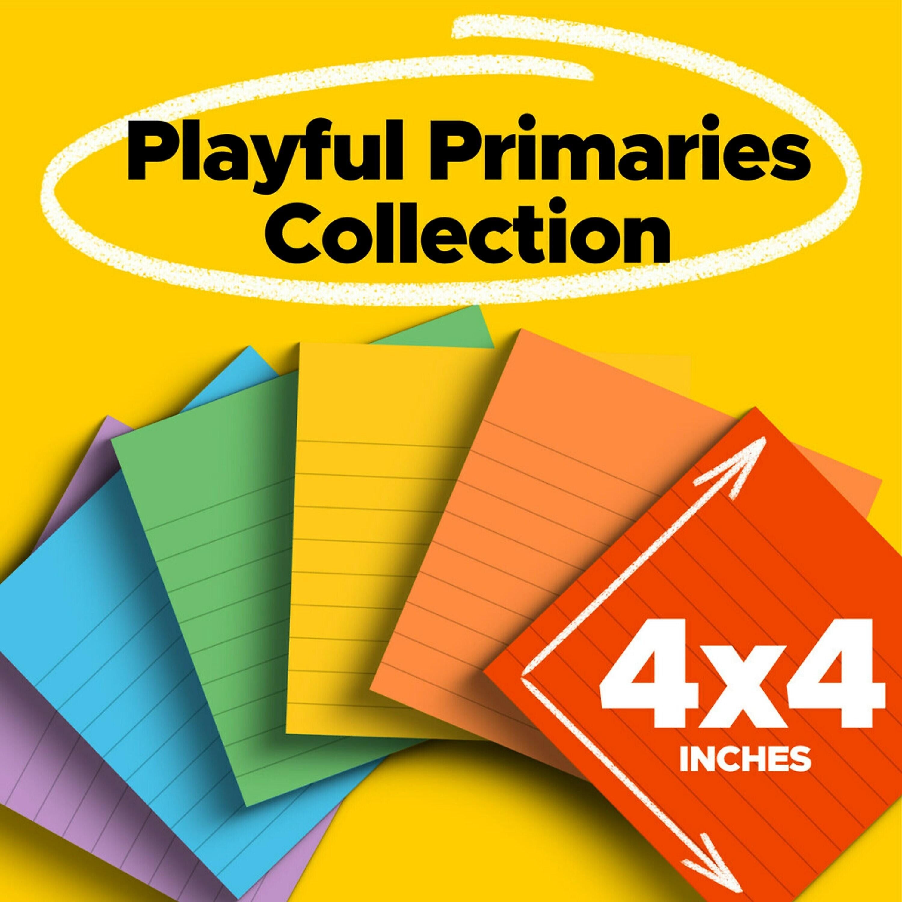 Post-it Super Sticky Notes, 4" x 4", Playful Primaries Collection, Lined, 90 Sheet/Pad, 6 Pads/Pack (6756SSAN)