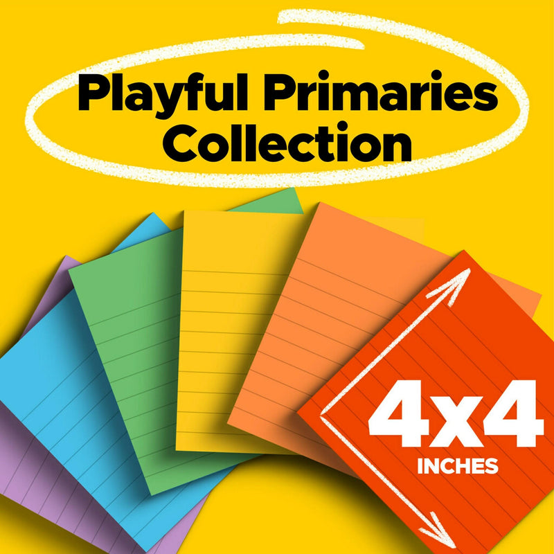 Post-it Super Sticky Notes, 4" x 4", Playful Primaries Collection, Lined, 90 Sheet/Pad, 6 Pads/Pack (6756SSAN)