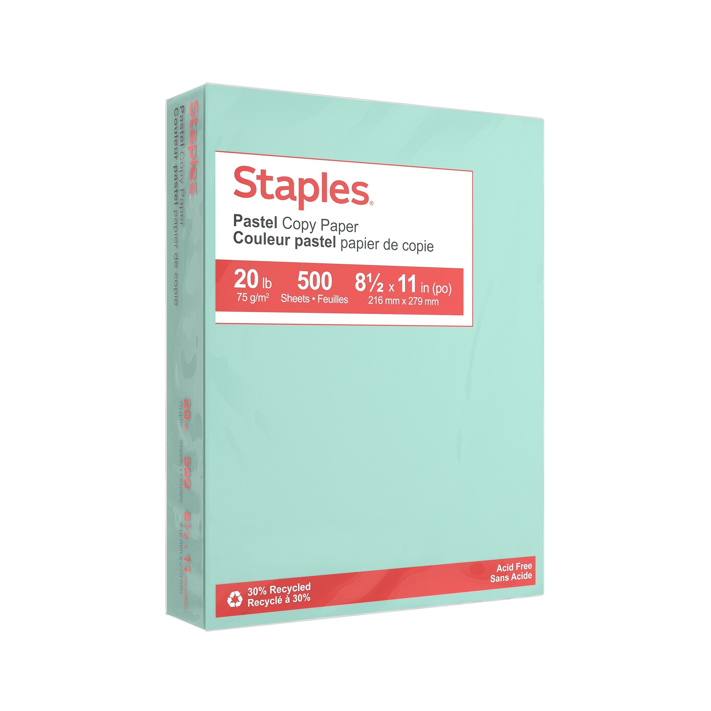 Staples Pastel 30% Recycled Color Copy Paper, 20 lbs., 8.5" x 11", Turquoise, 500 Sheets/Ream (14784)