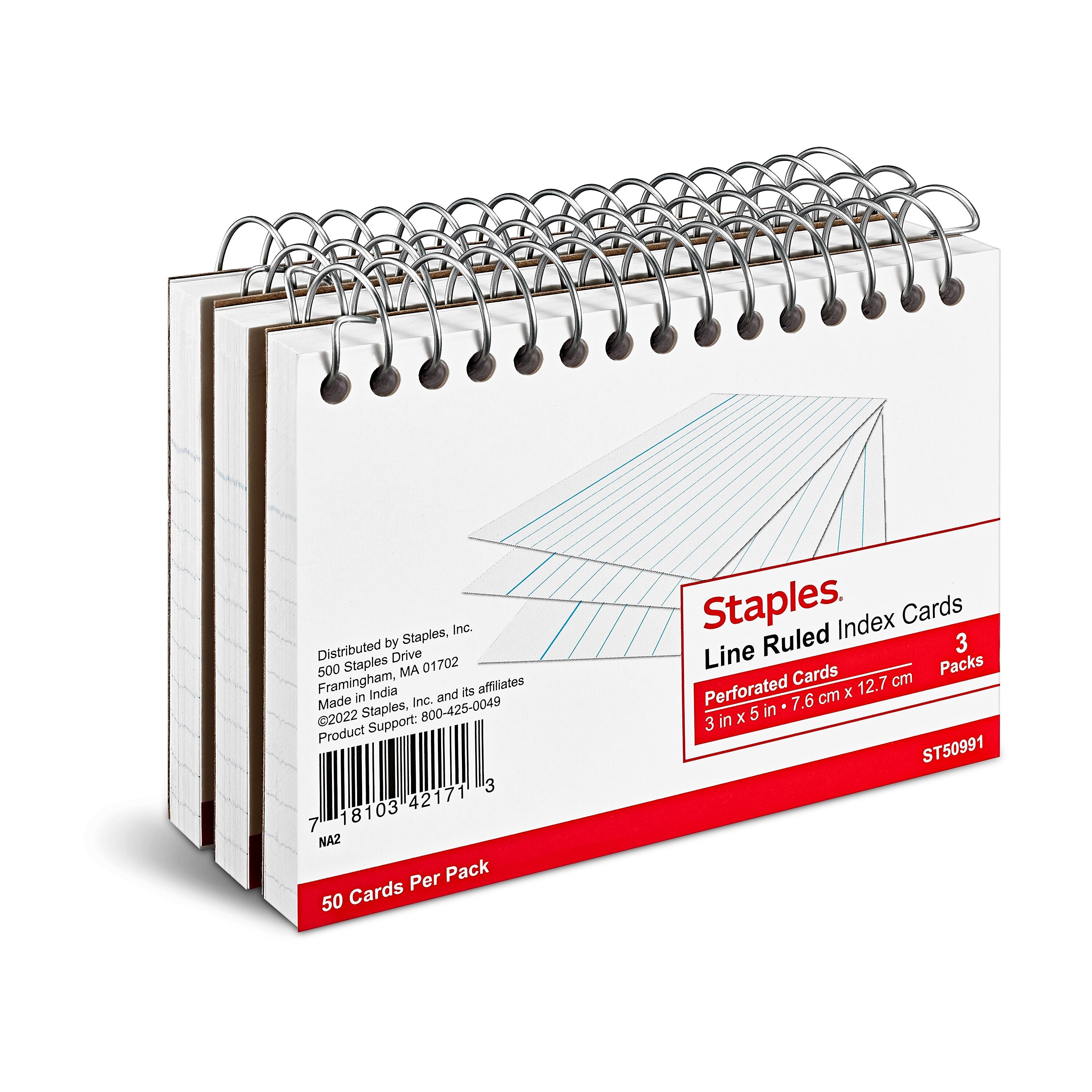 Staples 3" x 5" Index Cards, Lined, White, 50 Cards/Pack, 3 Pack/Carton (TR50991)