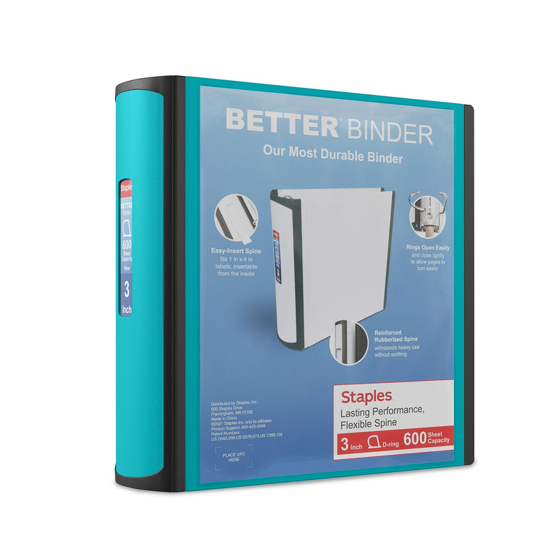Staples 3" 3-Ring Better Binder, D-Ring, Teal (ST55891-CC)