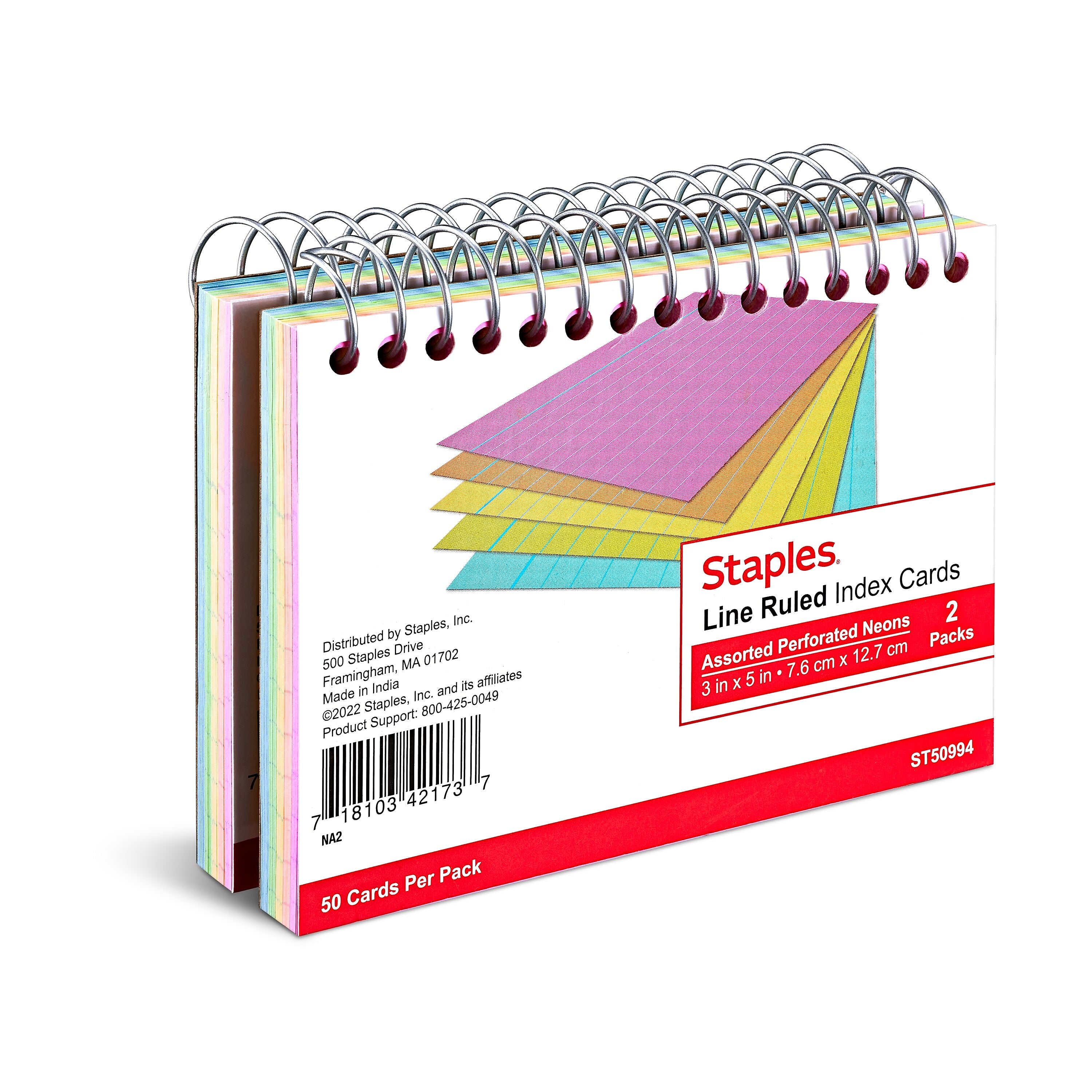 Staples™ 3" x 5" Index Cards, Lined, Neon, 50 Cards/Pack, 2 Packs/Carton (TR50994)