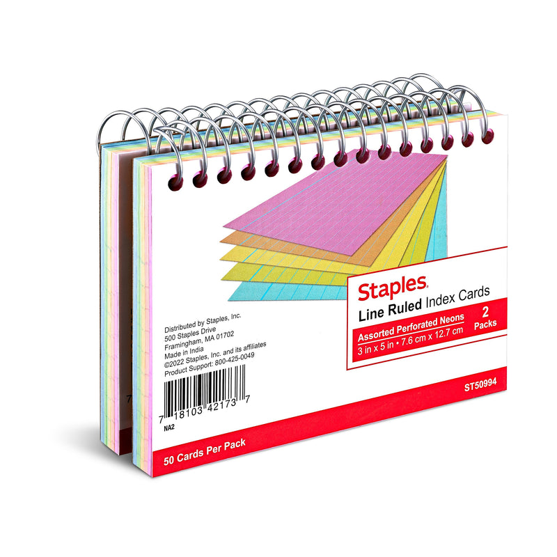 Staples™ 3" x 5" Index Cards, Lined, Neon, 50 Cards/Pack, 2 Packs/Carton (TR50994)