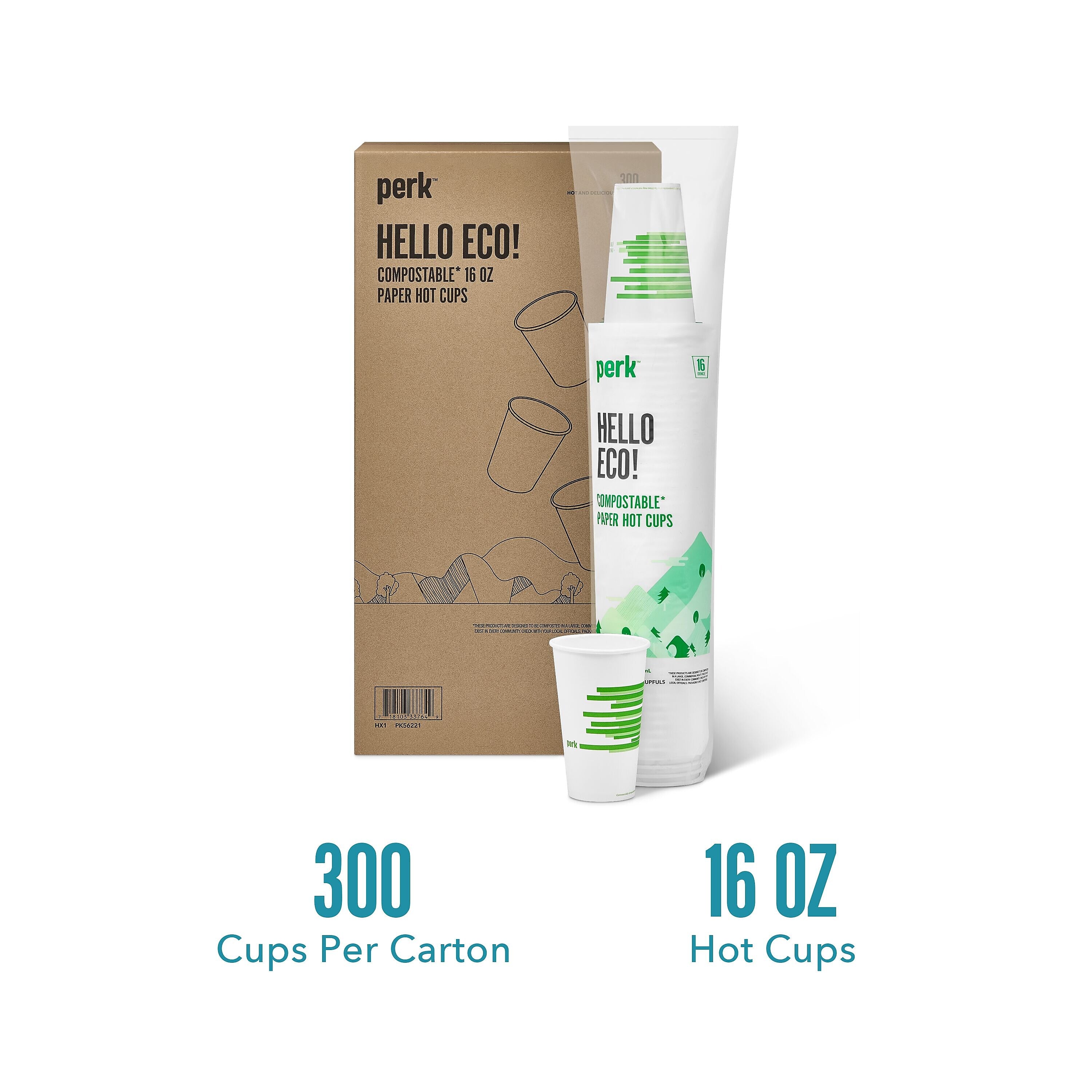 Perk™ Eco Compostable Paper Hot Cup, 16 Oz., White/Green, 300/Carton (PK56221)