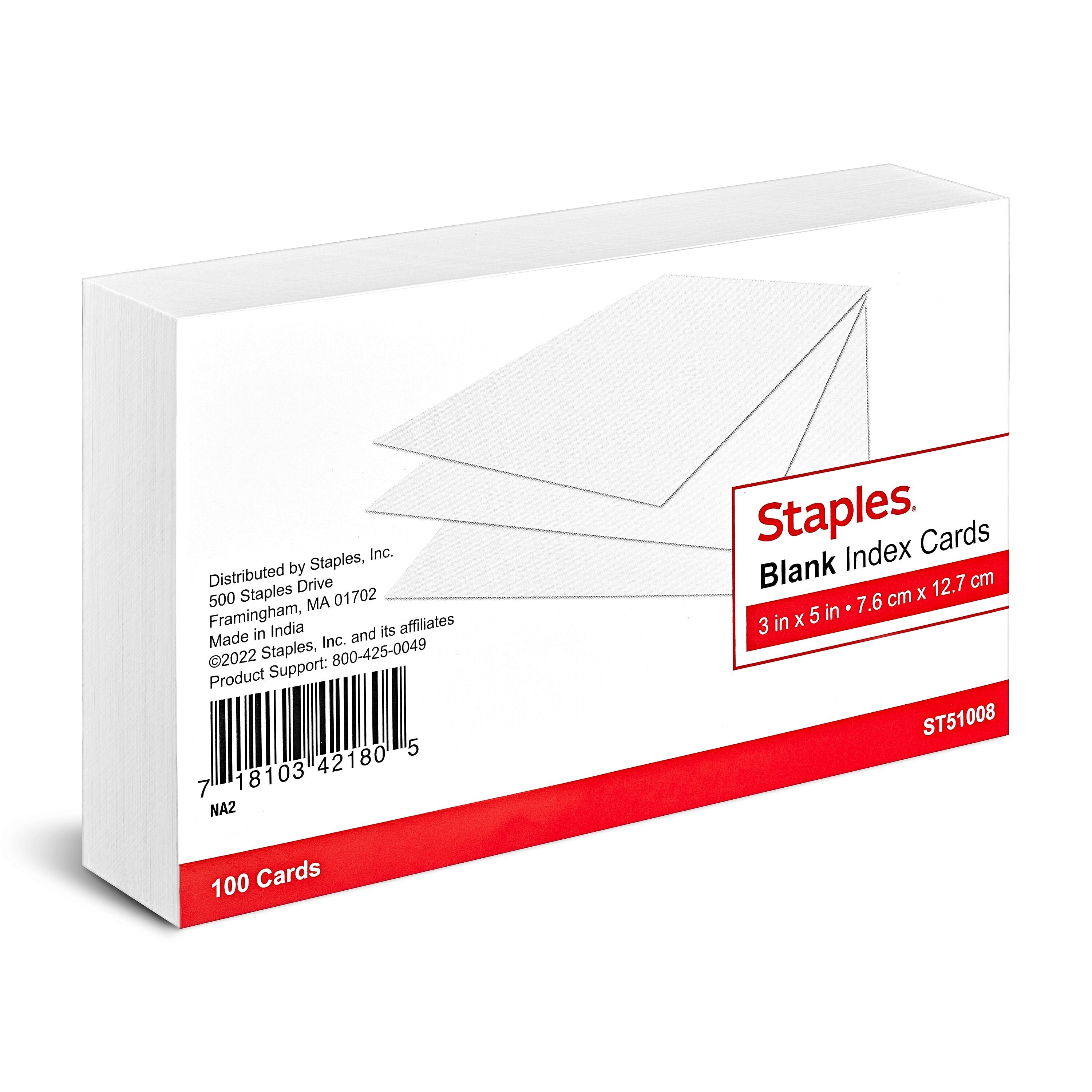 Staples 3" x 5" Index Cards, Blank, White, 100/Pack (TR51008)