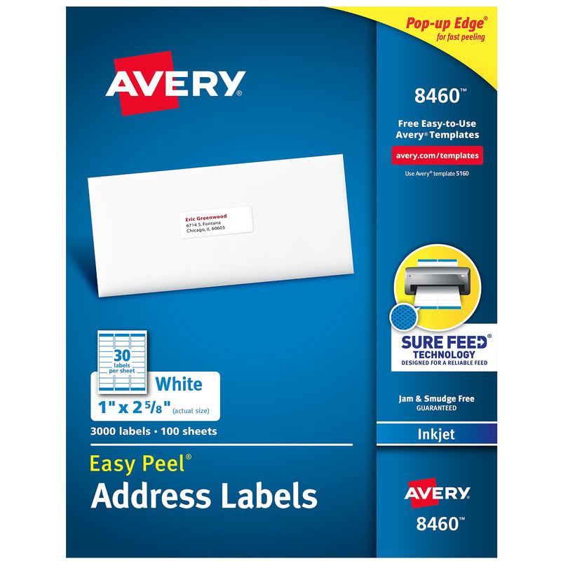 Avery Easy Peel Inkjet Address Labels, 1" x 2 5/8", Matte White, 3000 Labels/Box (8460)