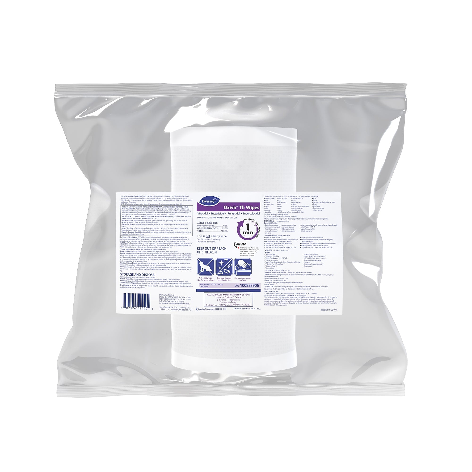 Diversey Oxivir Tb Disinfecting Wipes Refill, Fresh Citrus Scent, 160 Wipes/Container, 4/Carton (100823906)