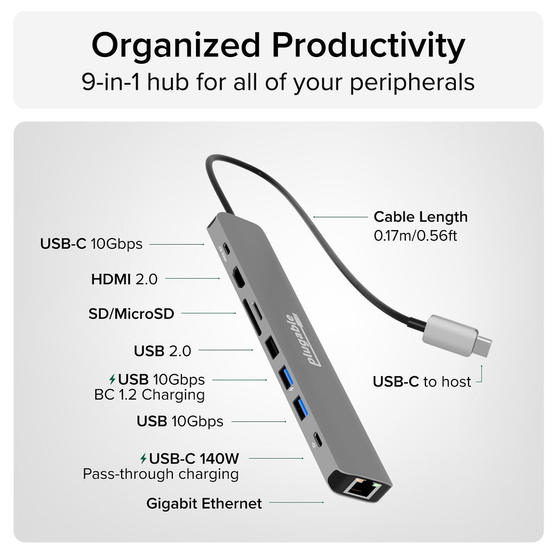 Plugable 9-Port USB-C Hub, Gray (USBC-9IN1E)