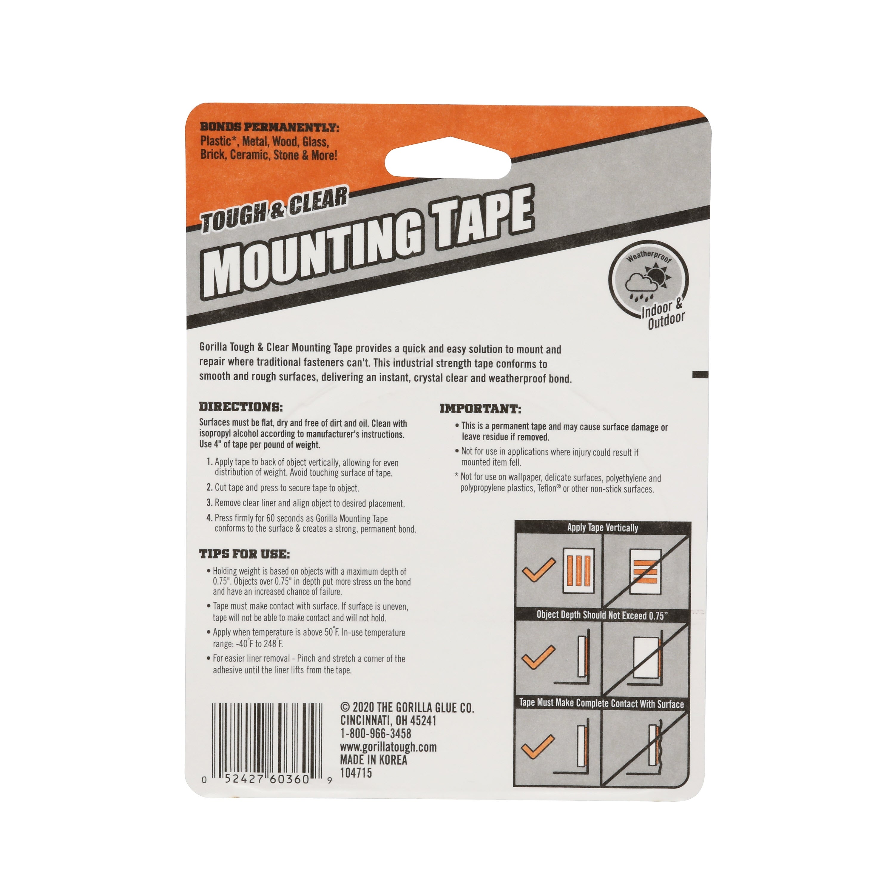 Gorilla Tough & Clear Double-Sided Mounting Tape, 1" x 150", Clear (6036002)