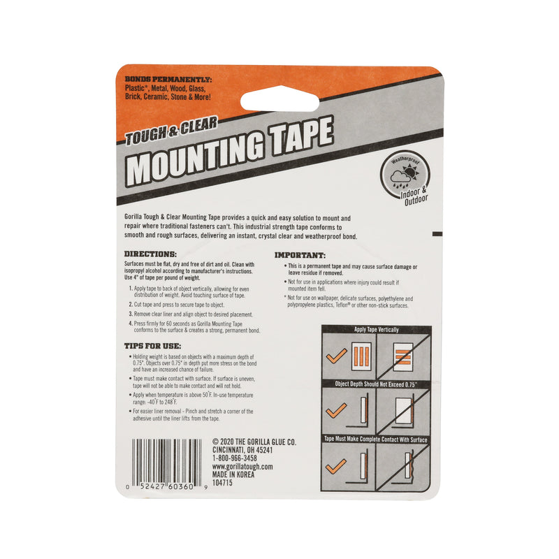 Gorilla Tough & Clear Double-Sided Mounting Tape, 1" x 150", Clear (6036002)
