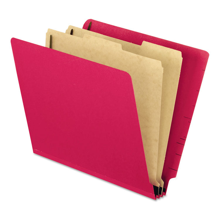 Colored Pressboard End Tab Classification Folders, 2" Expansion, 2 Dividers, 6 Fasteners, Letter Size, Red Exterior, 10/box