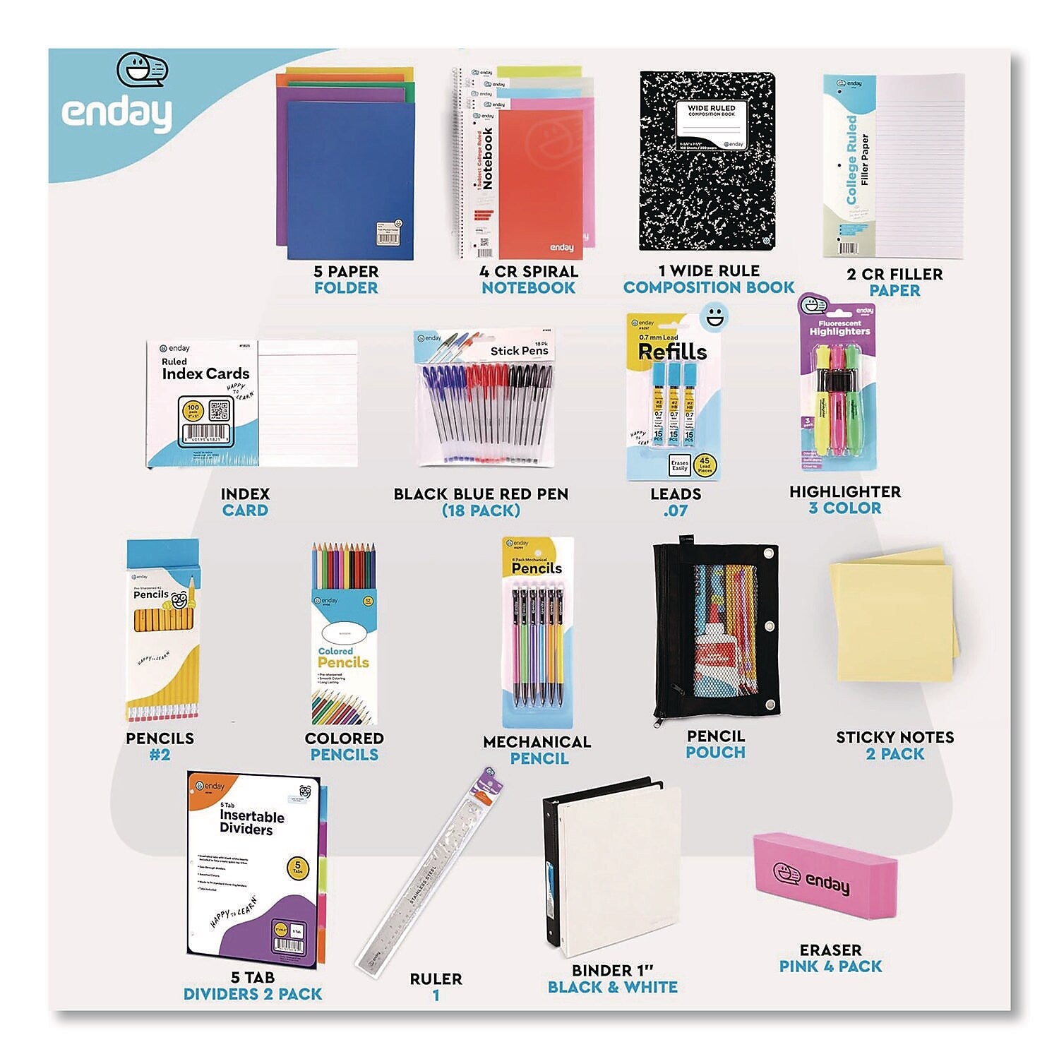 Enday Back to School Supplies Kit for High School/College, Multicolored (8356)