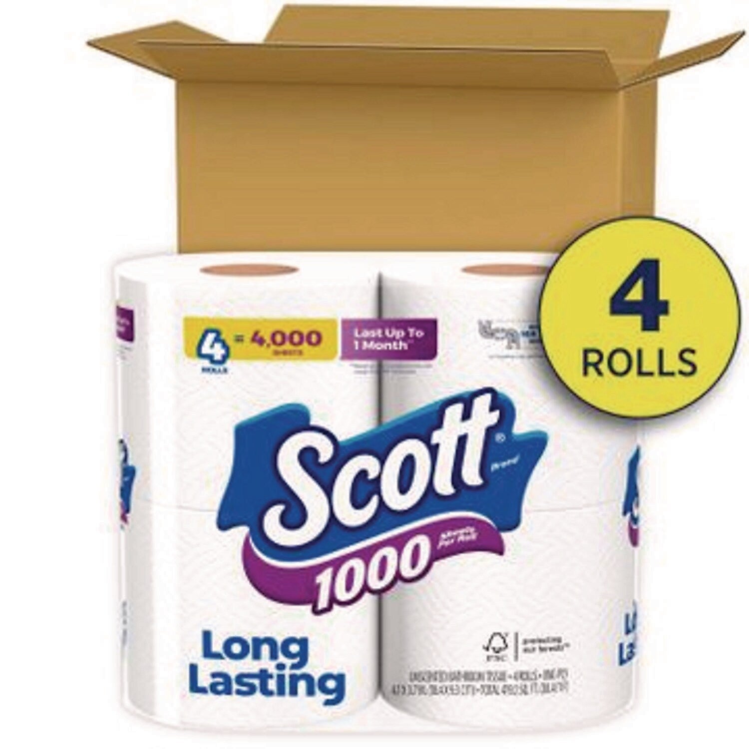 Scott 1000 Toilet Paper, 1-Ply, White, 1000 Sheets/RL, 4 Rolls/Pack, 12 Packs/Carton (KCM10183)