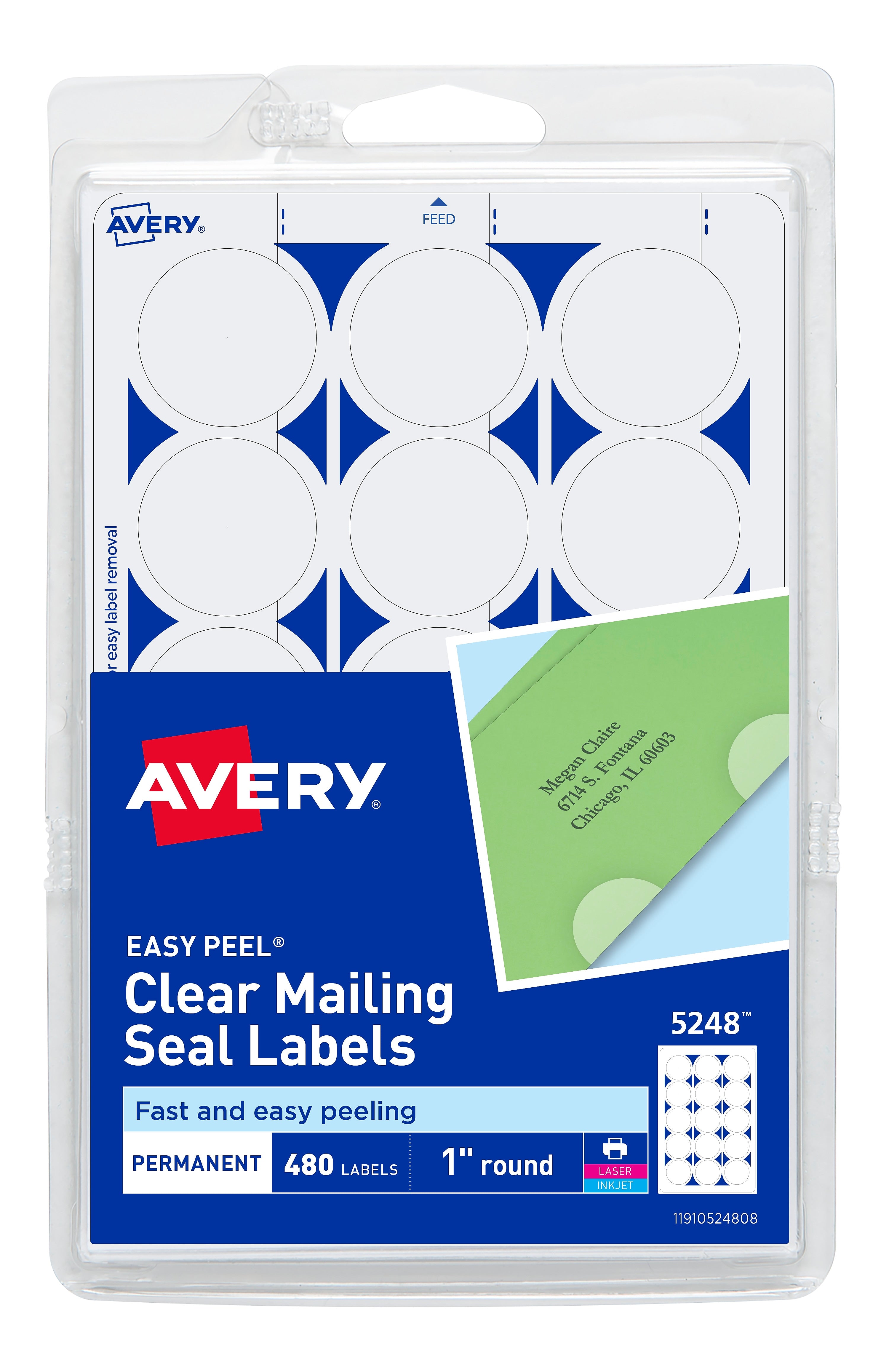 Avery Laser/Inkjet Mailing Seals, 1" Dia, Glossy Clear, 480 Seals/Pack (5248)
