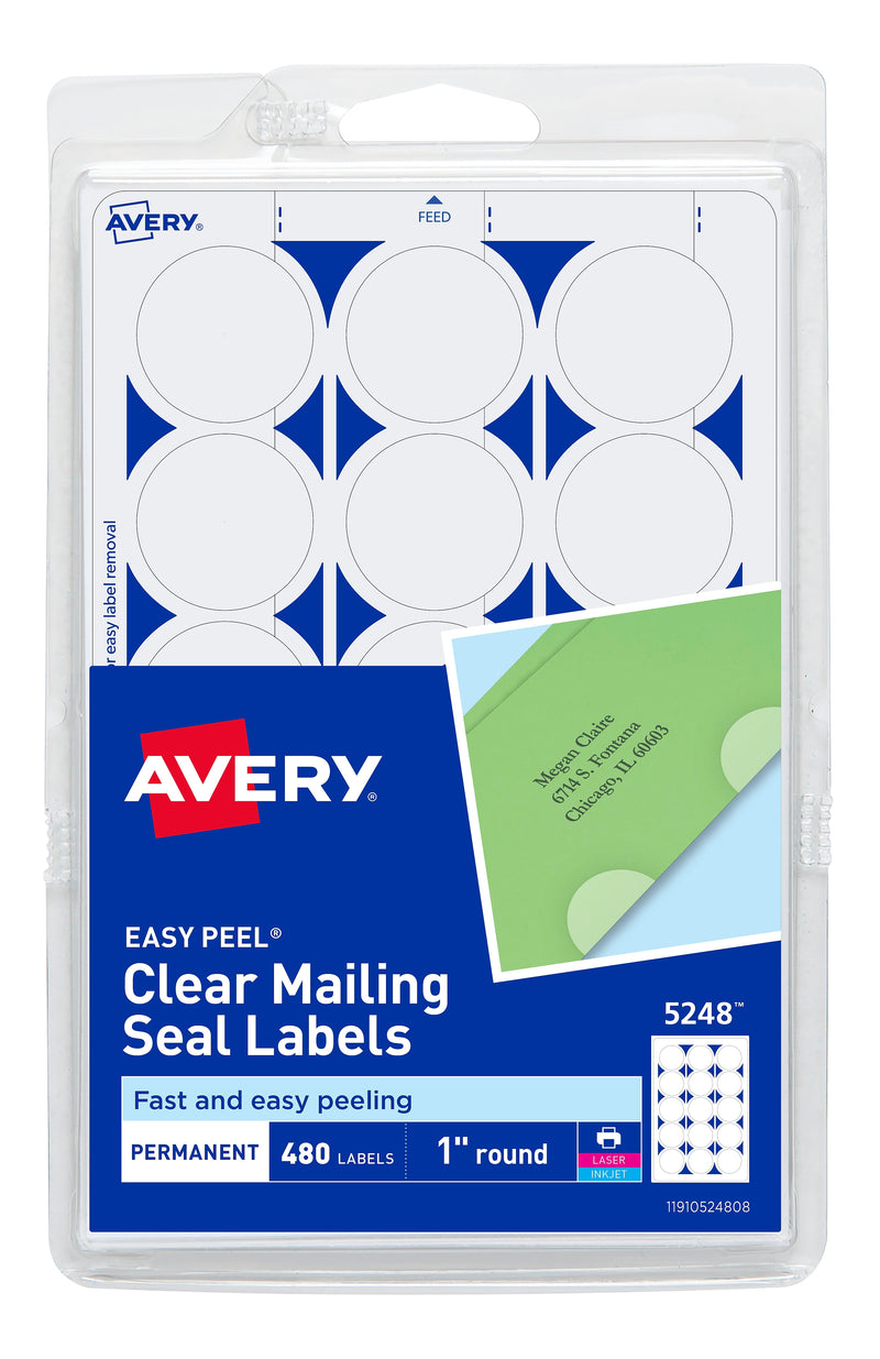 Avery Laser/Inkjet Mailing Seals, 1" Dia, Glossy Clear, 480 Seals/Pack (5248)