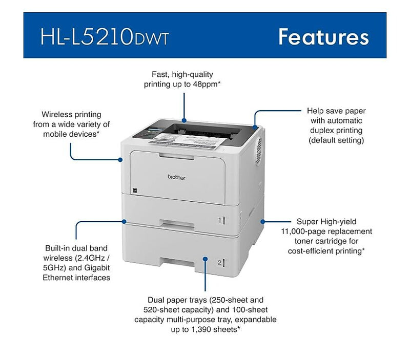 Brother HL-L5210DWT Monochrome Laser Printer with Dual Trays, Wireless
