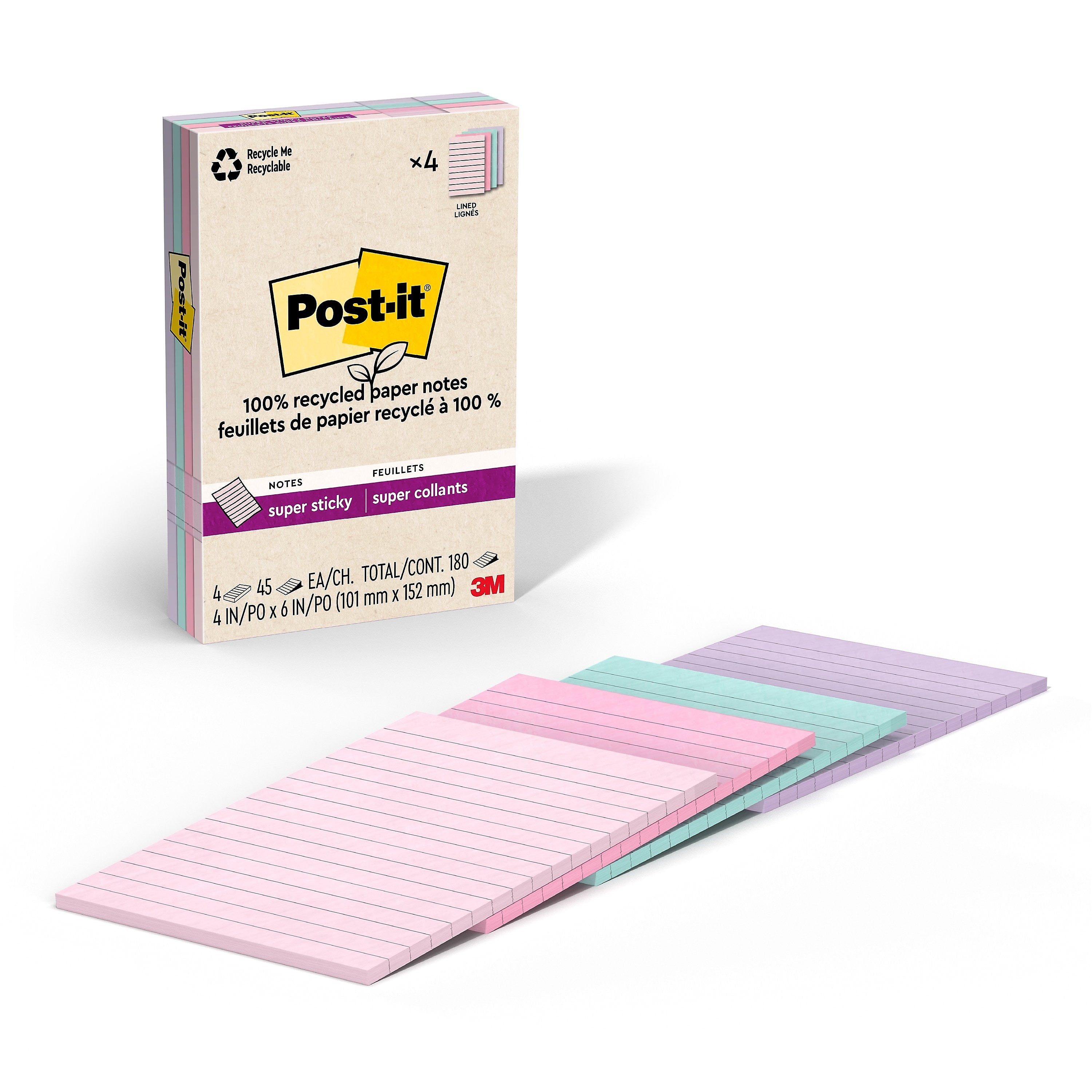 Post-it Recycled Super Sticky Notes, 4" x 6", Wanderlust Pastels Collection, 45 Sheets/Pad, 4 Pads/Pack (4621R-4SSNRP)