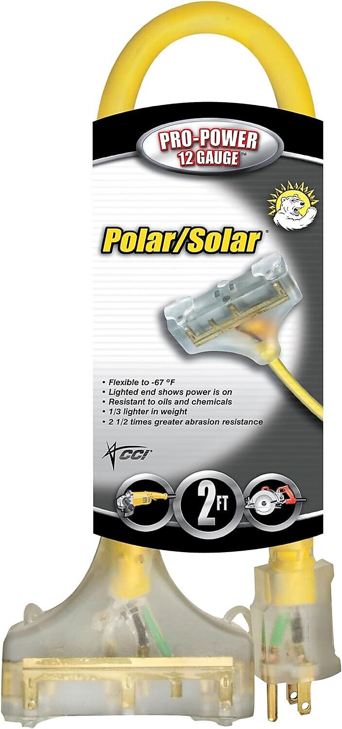 Coleman Cable Polar/Solar Plus 2' Outdoor Extension Cord, 3-Outlet, 12 AWG, Yellow (172-03482)