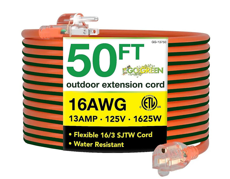GoGreen Power 50' Indoor/Outdoor Extension Cord, 16 AWG, Orange (GG-13750)