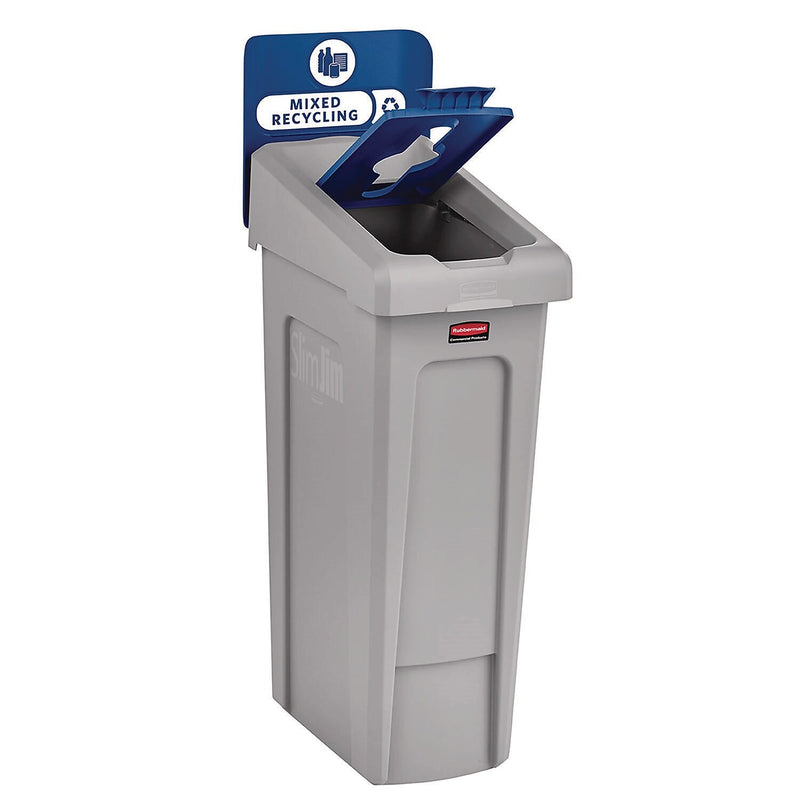 Rubbermaid Commercial Slim Jim Single-Stream Mixed Recycling Station Kit, 23 Gallon, Gray/Blue (2185055)