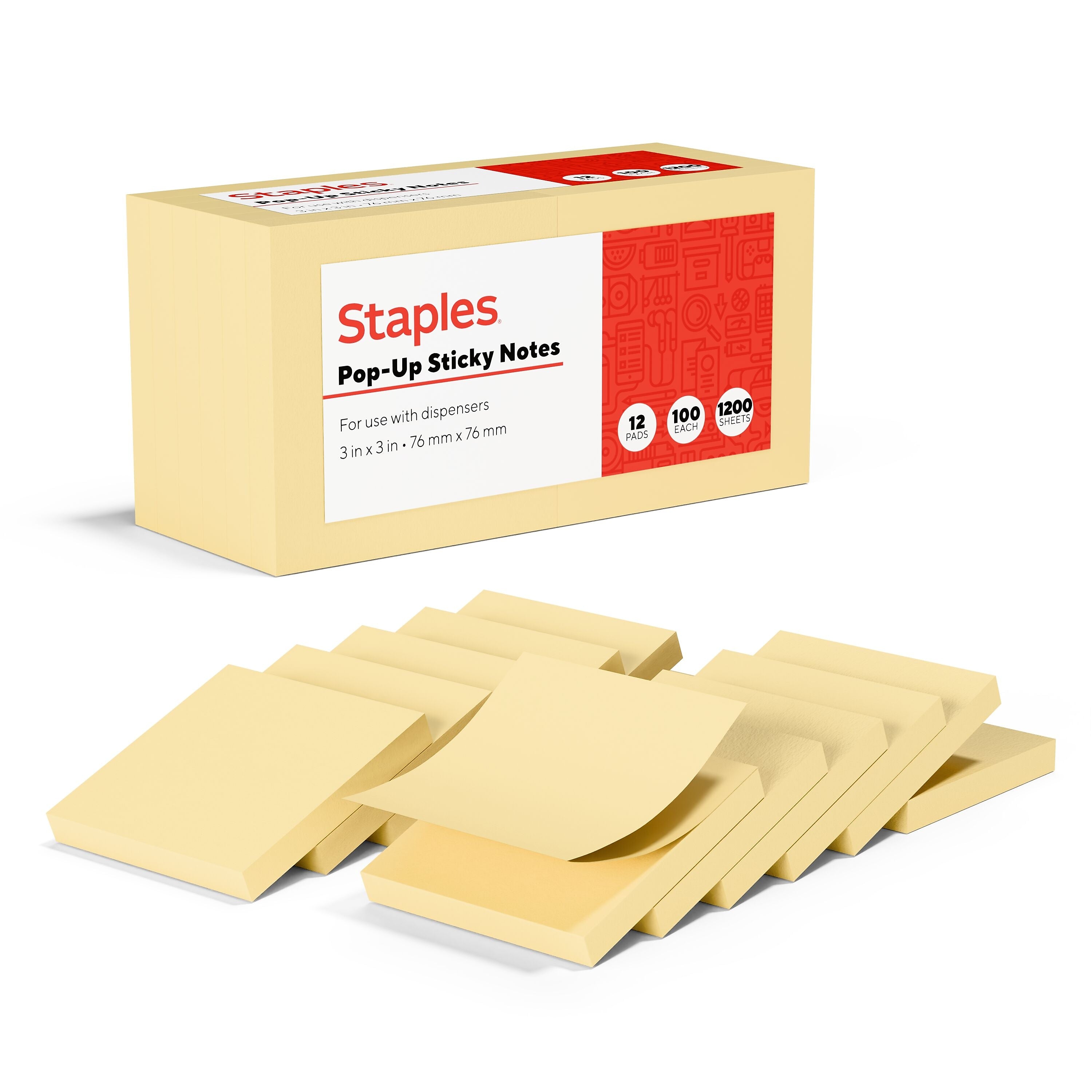 Staples Recycled Pop-up Sticky Notes, 3" x 3", Sunshine Collection, 100 Sheets/Pad, 12 Pads/Pack (S33YRP12/52563)