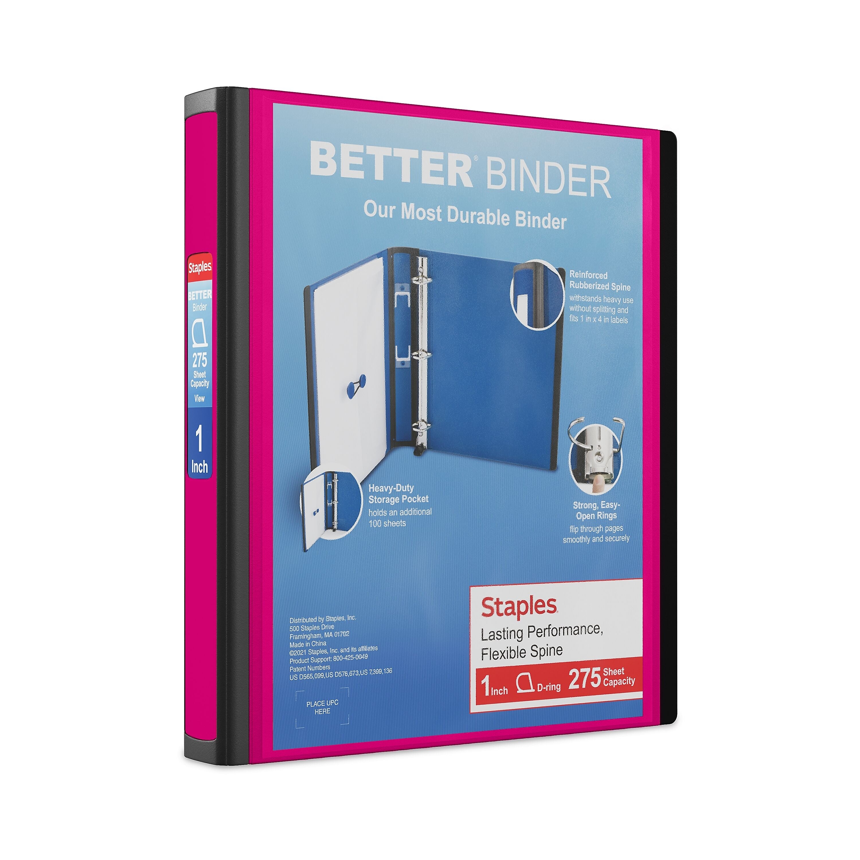 Staples 1" 3-Ring Better Binder, D-Ring, Pink (ST55843-CC)
