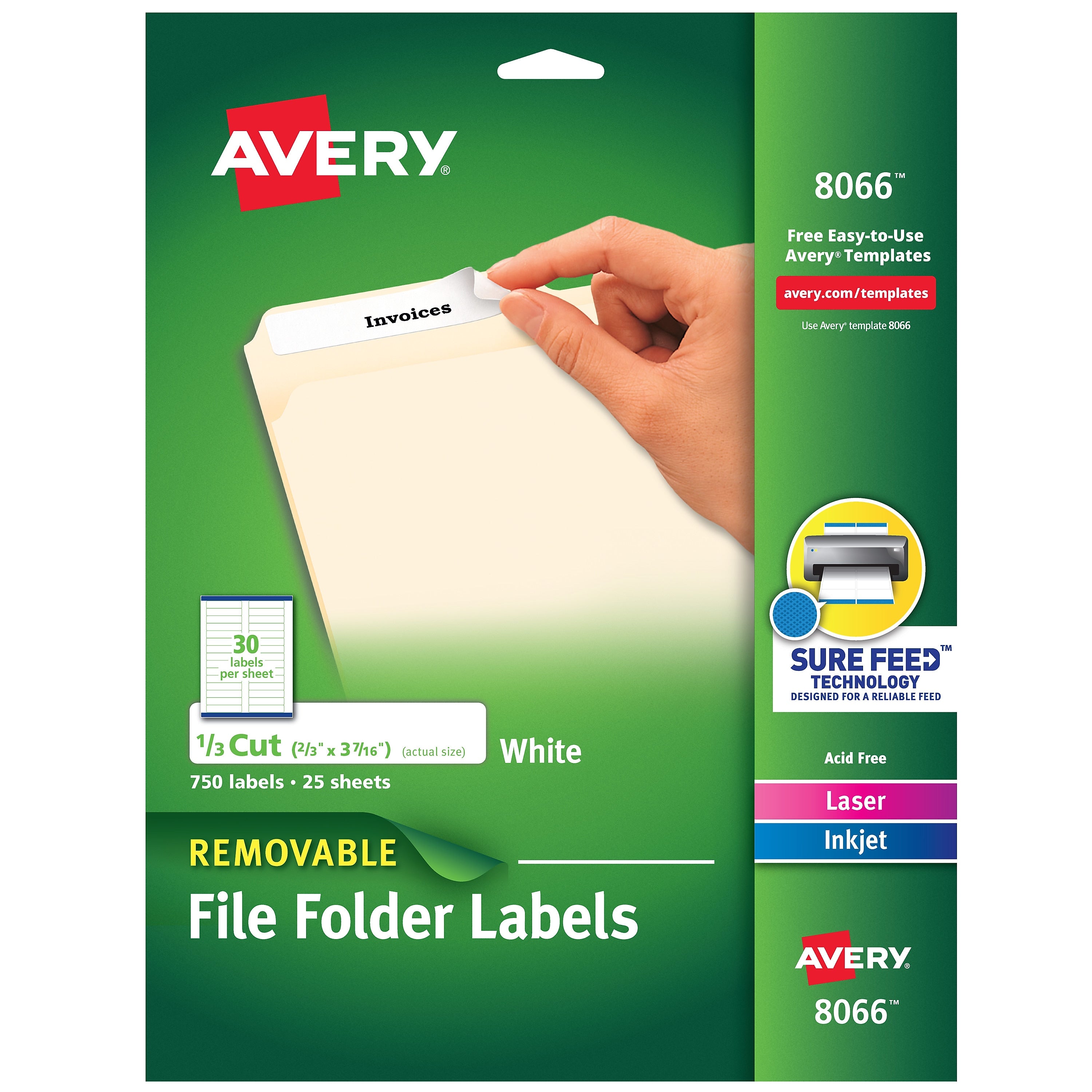 Avery Sure Feed Laser/Inkjet File Folder Labels, 2/3" x 3-7/16", White, 750 Labels/Pack (8066)