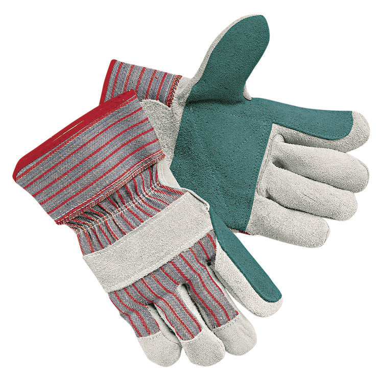 Men's Economy Leather Gloves, Jointed Double Leather Palm, Gunn Cut, Wing Thumb, Large, White/Red, 12 Pairs