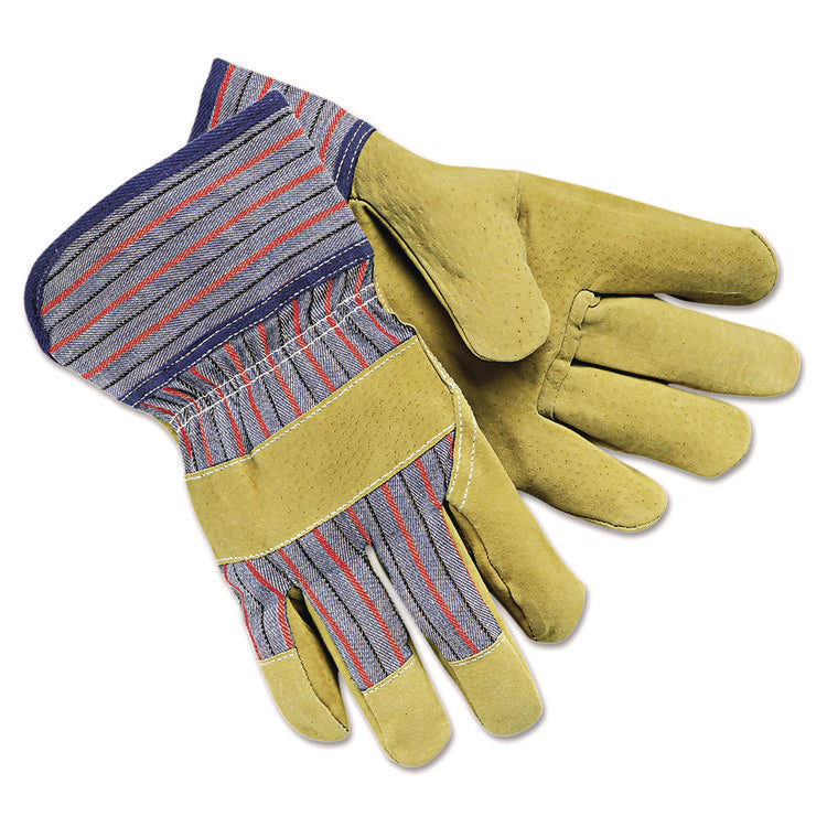 Grain-Leather-Palm Gloves, Gunn Cut, Wing Thumb, Large, Red/Blue Striped/Tan, 12 Pairs