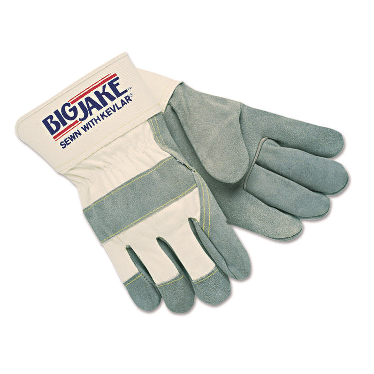 Heavy-Duty Side Split Gloves, Gunn Cut, Wing Thumb, Large, White/Gray, 12 Pairs