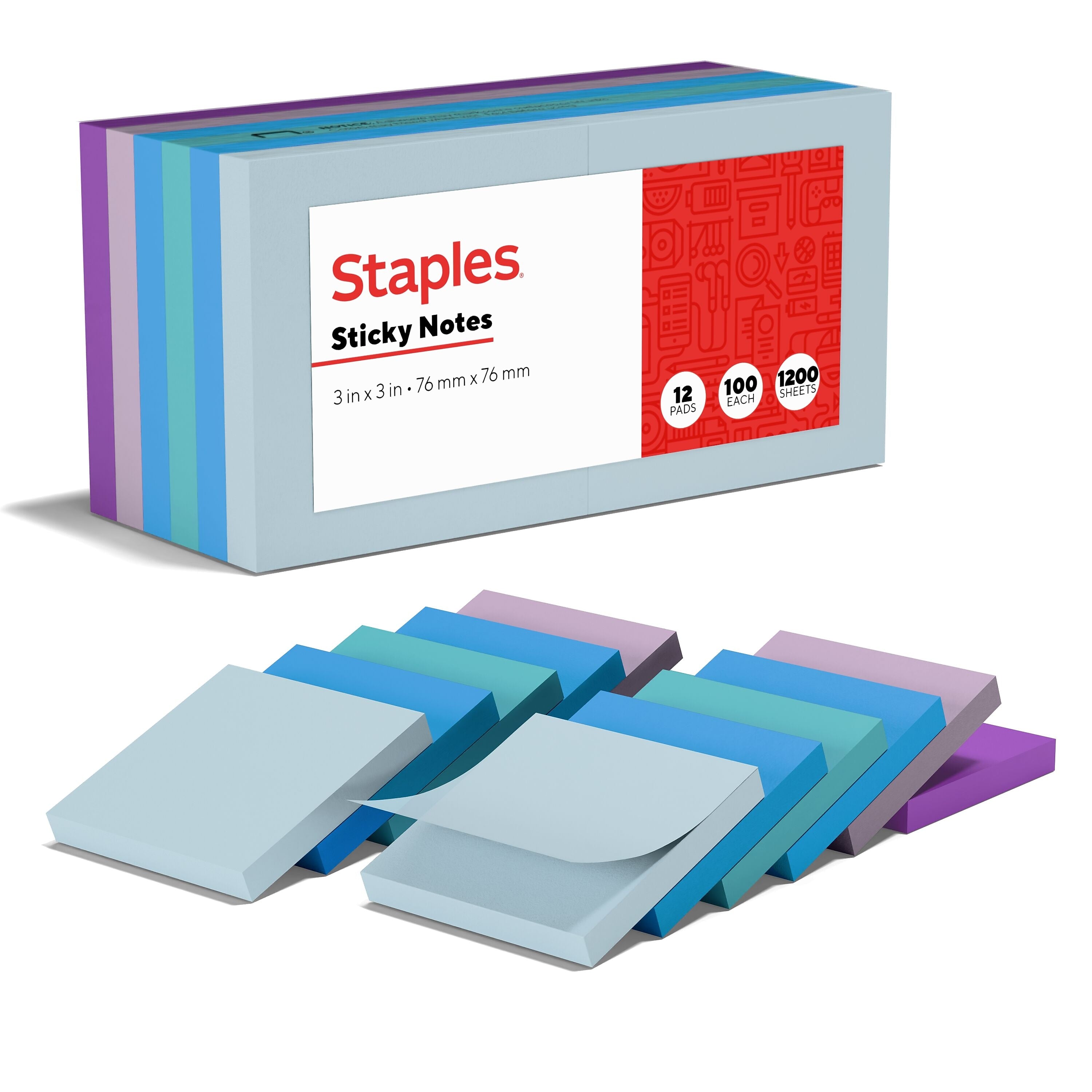 Staples Sticky Notes, 3" x 3", Marina Collection, 100 Sheets/Pad, 12 Pads/Pack (19758-US)