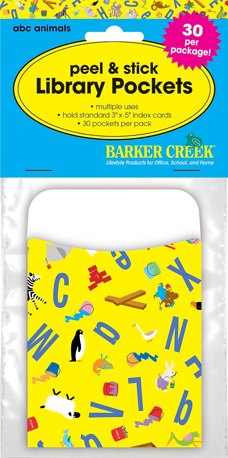 Barker Creek ABC Animals Library Pockets, 5.125" x 3.5", 30/Pack (LL1222)