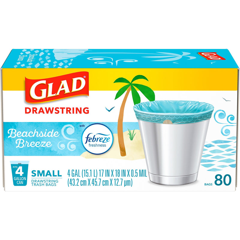 Glad 4 Gallon Drawstring Kitchen Trash Bags, Febreze Freshness Beachside Breeze Scent, Blue, 80/Box (79155)
