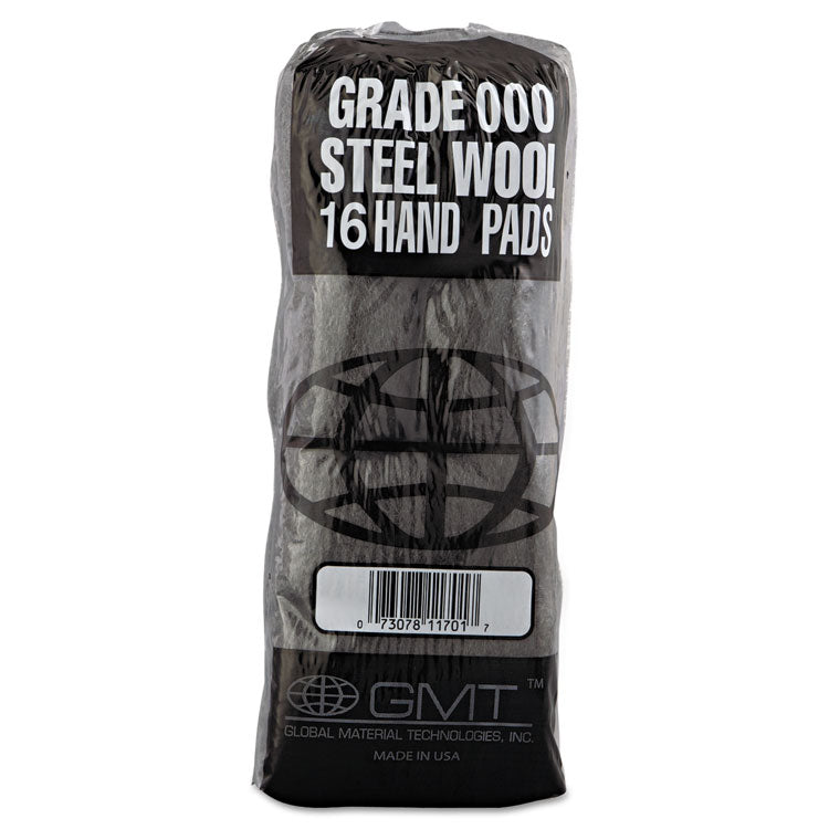 Industrial-Quality Steel Wool Hand Pads, #000 Extra Fine, Steel Gray, 16 Pads/sleeve, 12 Sleeves/carton